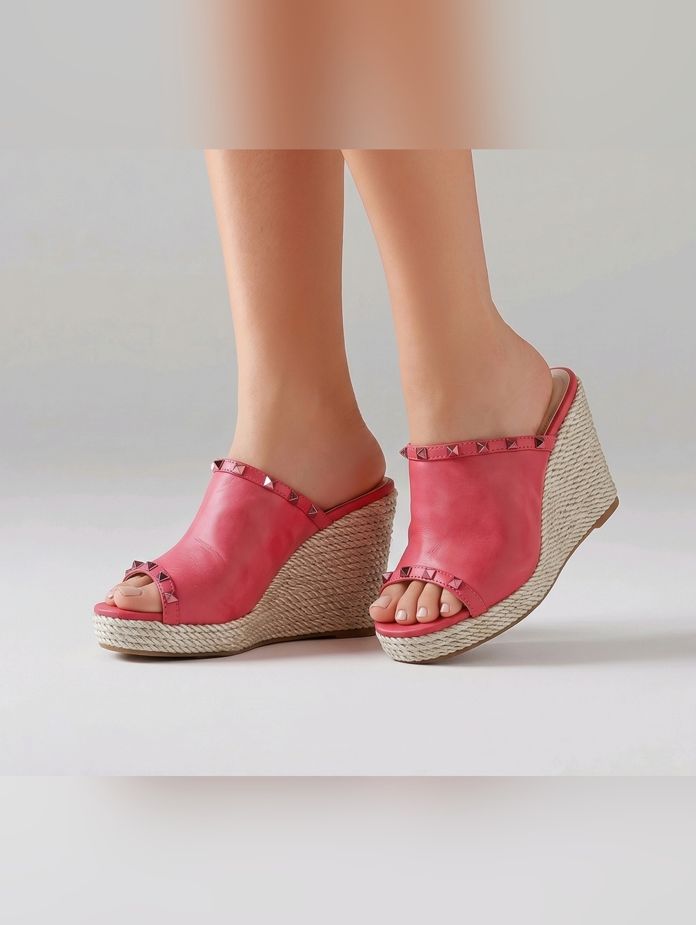 NATURE BREEZE | Size 7 | Melon Red | Studded Espadrille Platform Wedges